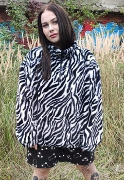 Zebra fleece jumper faux fur stripe pullover jacket in white