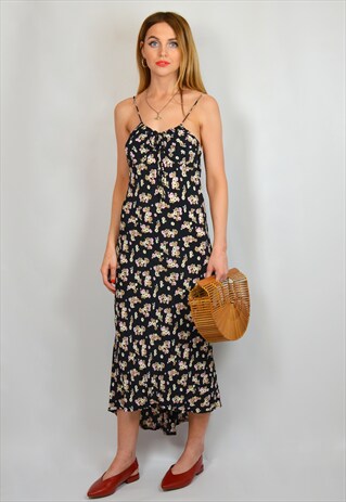 VINTAGE 90S BLACK FLORAL PATTERN MIDI STRAP DRESS