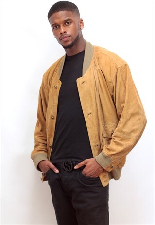 1980'S VINTAGE LIGHT TAN OVERSIZED SUEDE BOMBER JACKET