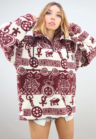 VINTAGE OVERSIZED 1/4 ZIP PATTERNED TEDDY SHERPA FLEECE