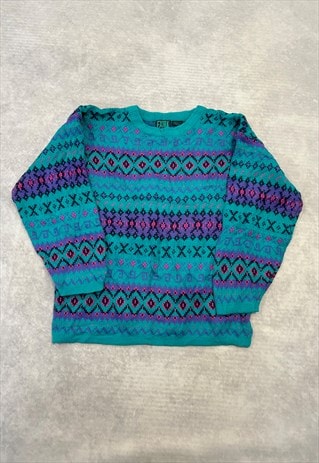 VINTAGE KNITTED JUMPER ABSTRACT PATTERNED BRIGHT SWEATER