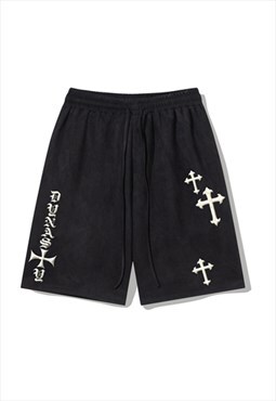 Black Crosses Embroidered Suede Oversized Shorts Y2k
