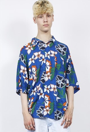 VINTAGE 90'S BLUE/ORANGE FLORAL HAWAIIAN PRINT SHIRT