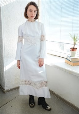 Vintage 70's White Maxi Flare Sleeved Bohemian Wedding Dress