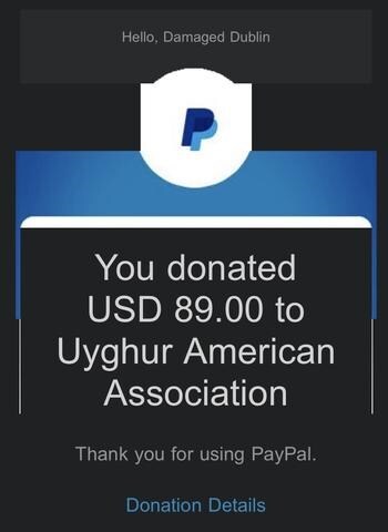 Donation made to the Uyghur American Association in aid of Uyghur refugees.