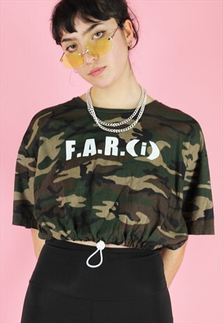 VINTAGE 90S REWORKED CROP TOP IN GREEN BROWN CAMOUFLAGE