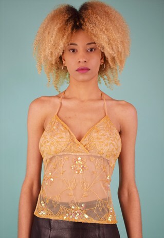 VINTAGE 90'S BACKLESS SEQUIN BEADED MESH TOP