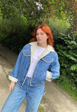 Vintage Size S Denim Shearling Jacket In Blue