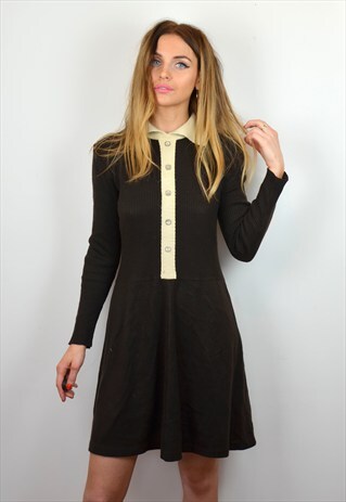 VINTAGE 70S HIPPY WOOL KNITTED BROWN MINI DRESS
