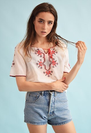 70'S RETRO FOLK EMBROIDERY BOHO FESTIVAL TOP BLOUSE