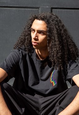 Black T-shirt with Futuristic Rainbow Embroidery