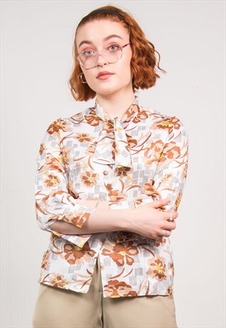 VINTAGE 70'S FLORAL NECK TIE BLOUSE SHIRT