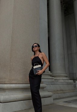 Linen blend slip midi dress women in black