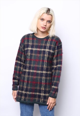 VINTAGE 90S GREEN CHECK MOHAIR WOOL JUMPER