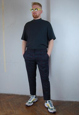 Vintage Checkered Dark Navy Green Y2K Carrot fit Trousers