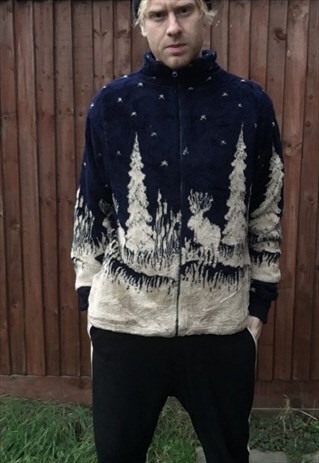 VINTAGE OVERSIZED FLEECE WILDLIFE JACKET WOLF WINTER COAT L