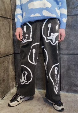 Emoji print jeans high waist smiley denim overalls in grey