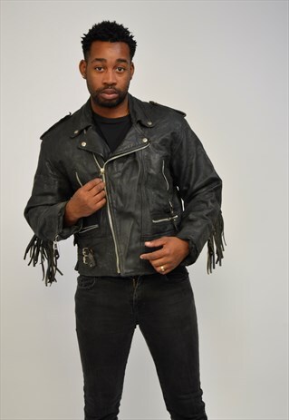 VINTAGE 80S BLACK TASSELED LEATHER PERFECTO BIKER JACKET