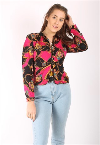 VINTAGE 80S SATIN BLOUSE JACKET IN PINK CHAIN PATTERN