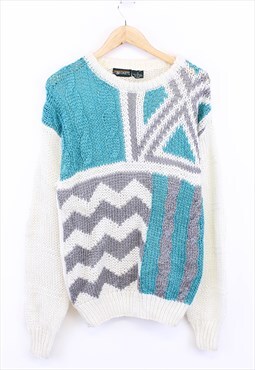 Vintage Knitted Jumper White Multi Pullover With Patterns 