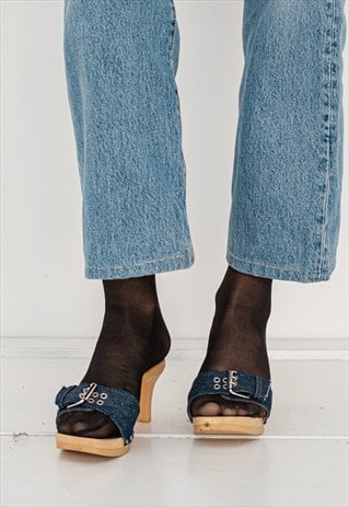 90's Vintage sexy denim strap heeled sandals in blue & tan