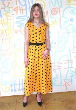 Dress Vintage 80s Maxi Dress Yellow Polka Dot Print 10 to 12