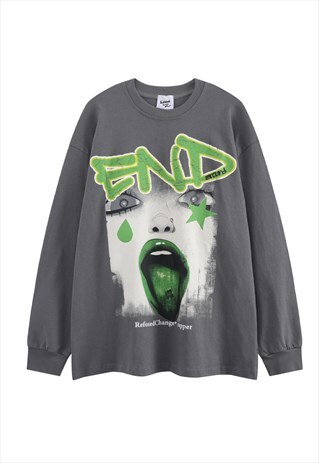 End slogan long sleeve t-shirt grunge graffiti thin top grey