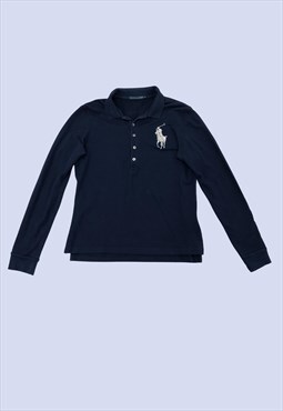 Navy Blue Diamante Rhinestone Logo Long Sleeved Polo Shirt