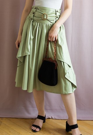 VINTAGE 70'S PLAYFUL VOLANT MIDI-SKIRT WITH BELT DETAIL