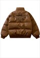 FAUX LEATHER BOMBER JACKET ANGEL PATCH GRUNGE PUFFER BROWN