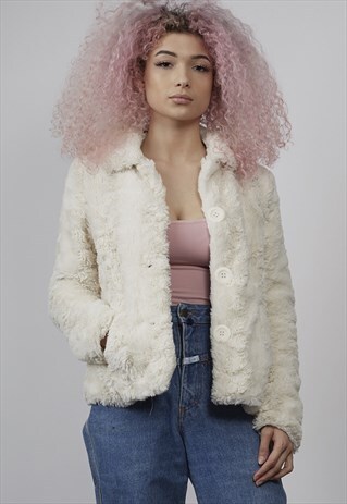 VINTAGE 90'S CREAM TEDDY FAUX FUR CROP JACKET