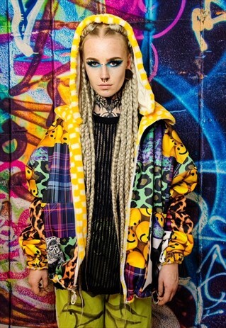 TARTAN HOOD JACKET REVERSIBLE FLEECE EMOJI BOMBER IN YELLOW