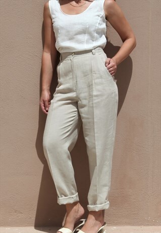 DEADSTOCK 90S BEIGE LINEN HIGH WAIST TAPERED PLEATED TROUSER