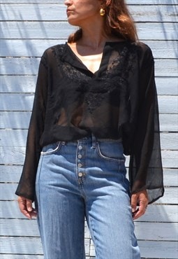 Black sheer embroidered paisley long tunic top