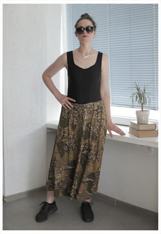 VINTAGE 80'S KHAKI PATTERNED MIDI SKIRT