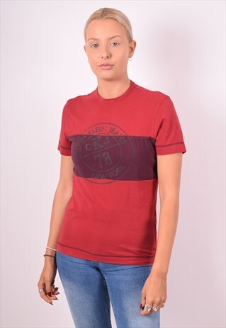 CALVIN KLEIN WOMENS VINTAGE T-SHIRT TOP SMALL MAROON 90S