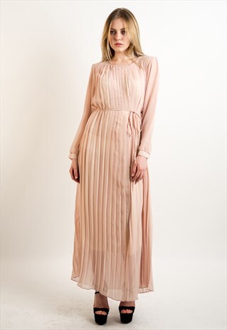 LONG SLEEVES PLEATED MAXI DRESS IN NUDE
