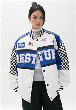 Check print motorcycle jacket faux leather racer jacket blue