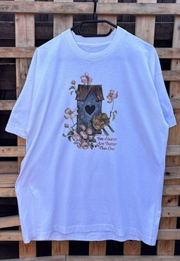 Vintage 1990s heart bird floral white T-shirt large 