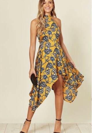 YELLOW HIGH NECK KEY CHAIN PRINT MINI DRESS WITH BACK ZIP FA