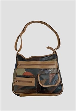 80's Vintage Leather Patchwork Brown Black Shoulder Bag 
