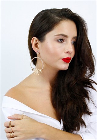 GOLD STAR SUN HOOP DROP DANGLE EARRINGS