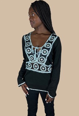 Vintage Y2K Knit Sweater with Crochet Knit Blue Details