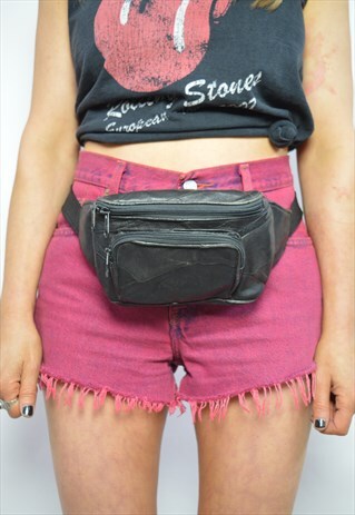 VINTAGE 90S BLACK LEATHER BUMBAG FANNY PACK GRUNGE RETRO