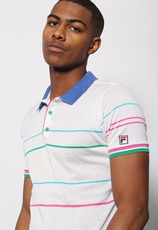VINTAGE FILA LOGO STRIPED POLO SHIRT WHITE