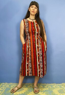 Vintage 90's Bohemian Patterned Cotton Midi Dress - S/M
