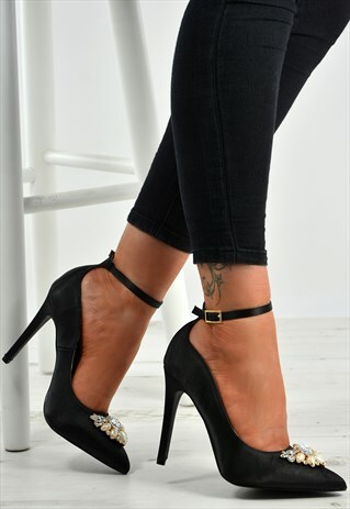 BLACK SATIN HIGH STILETTO COURT PUMPS DIAMANTE SHOES