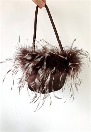 VINTAGE 90S MARABOU FAUX FUR TRIM BROWN SATIN MINI HANDBAG