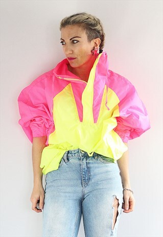 VINTAGE 1990S NEON YELLOW AND PINK WINDBREAKER JACKET