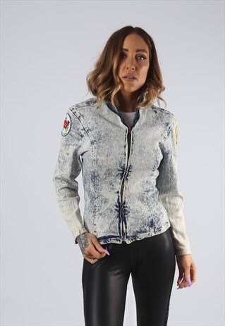 VINTAGE USA ACID WASH FITTED DENIM JACKET UK 8 XS (E1N)